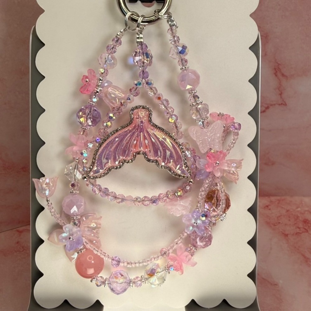 Mermaid Tail Pink Crystal Beaded Ocean Phone Wristlet Charm Keychain Premium